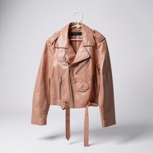 Zara Pink Leather Moto Jacket Asymmetrical Zipper